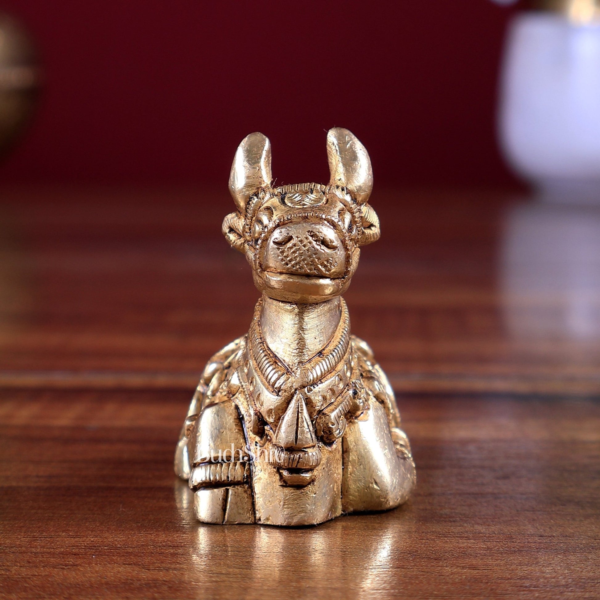 Brass Small Nandi Statue – Mini Devotional Sculpture 2 inch - Budhshiv.com