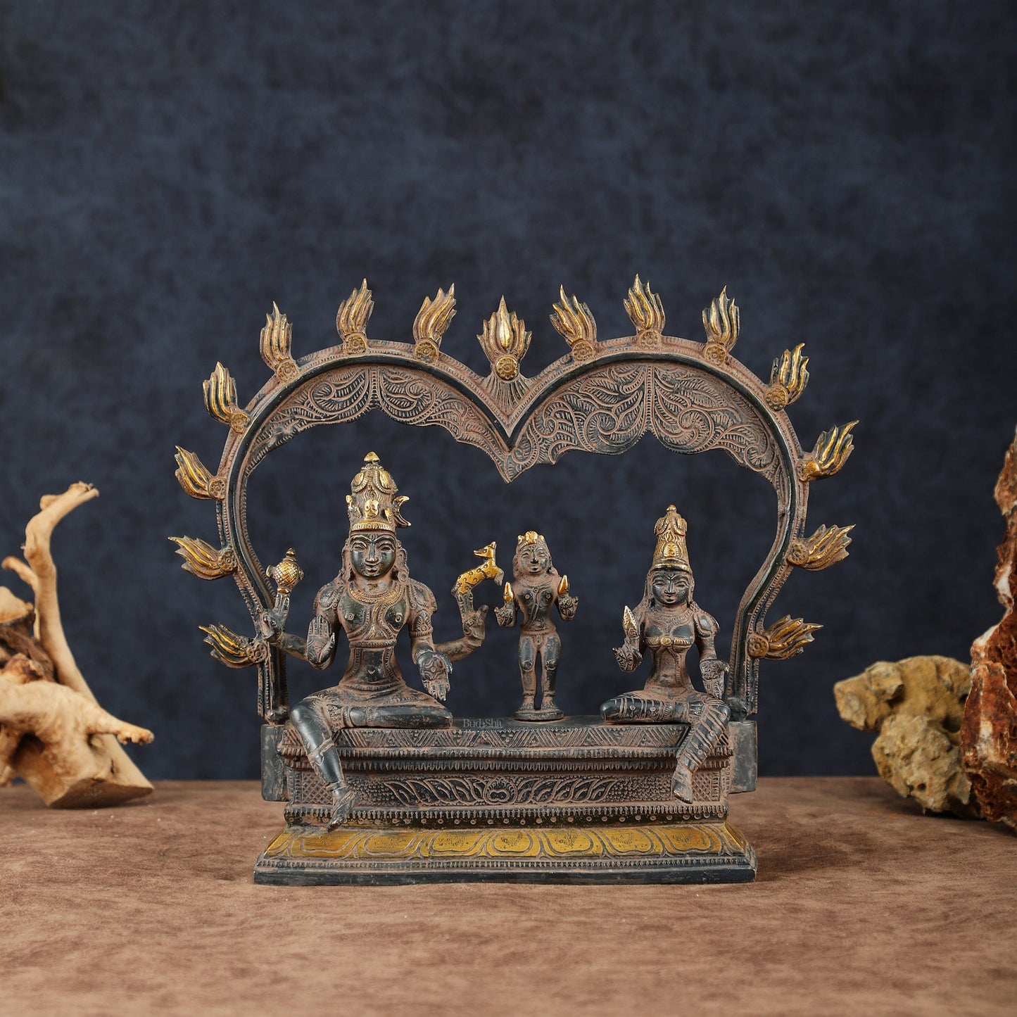 Brass Somaskanda Shiva, Parvati, and Kartikeya Idol – 11.5" Height, Vintage Sandstone Finish - Budhshiv.com