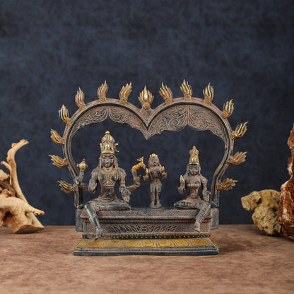Brass Somaskanda Shiva, Parvati, and Kartikeya Idol – 11.5" Height, Vintage Sandstone Finish - Budhshiv.com
