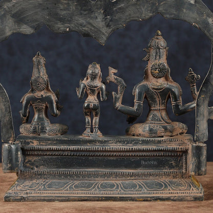 Brass Somaskanda Shiva, Parvati, and Kartikeya Idol – 11.5" Height, Vintage Sandstone Finish - Budhshiv.com