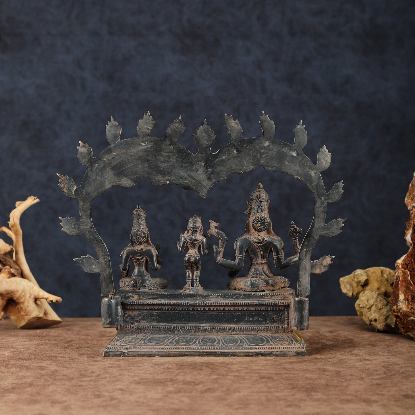 Brass Somaskanda Shiva, Parvati, and Kartikeya Idol – 11.5" Height, Vintage Sandstone Finish - Budhshiv.com