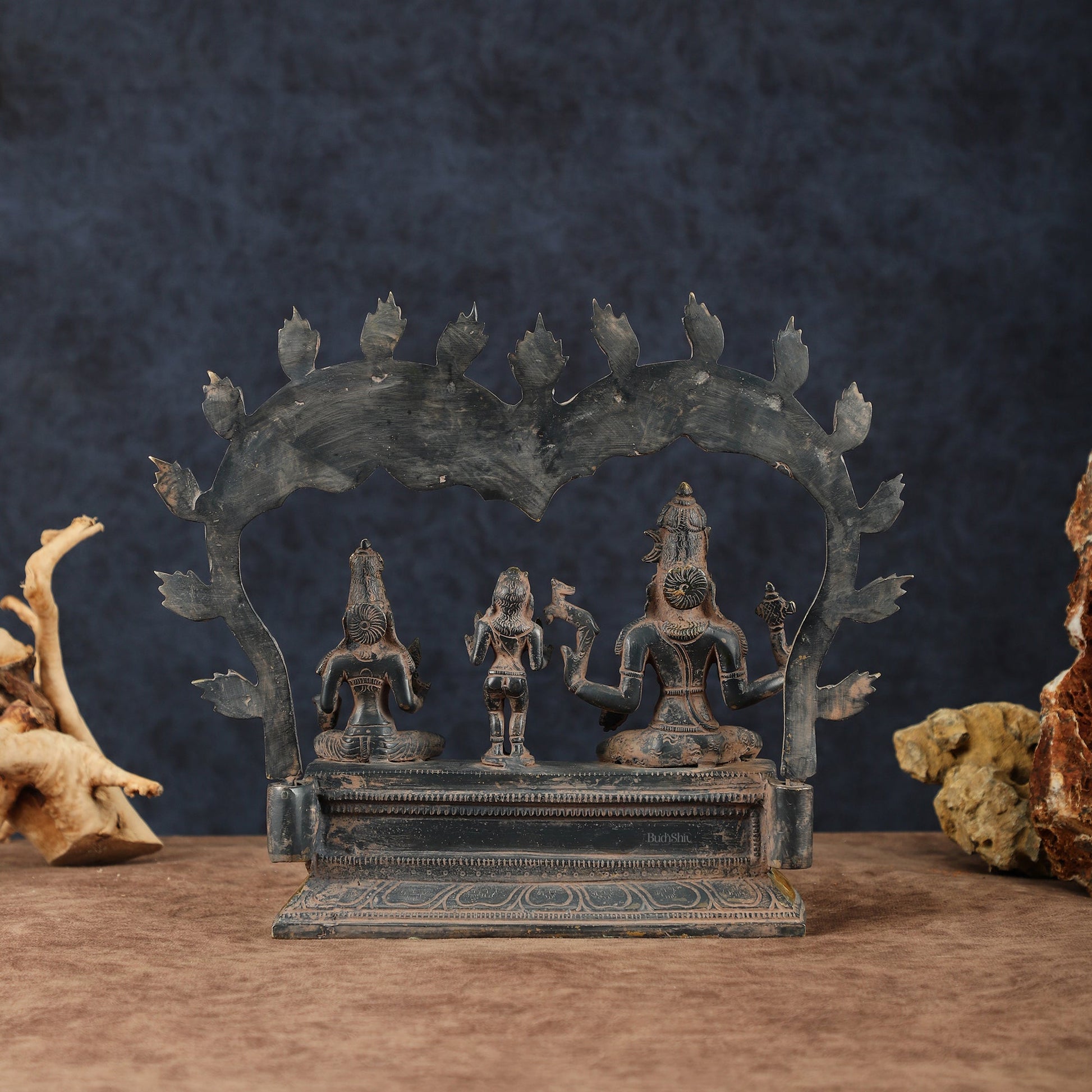 Brass Somaskanda Shiva, Parvati, and Kartikeya Idol – 11.5" Height, Vintage Sandstone Finish - Budhshiv.com