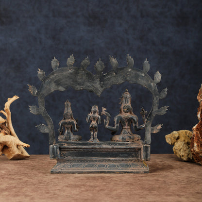 Brass Somaskanda Shiva, Parvati, and Kartikeya Idol – 11.5" Height, Vintage Sandstone Finish - Budhshiv.com