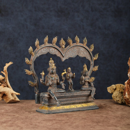 Brass Somaskanda Shiva, Parvati, and Kartikeya Idol – 11.5" Height, Vintage Sandstone Finish - Budhshiv.com