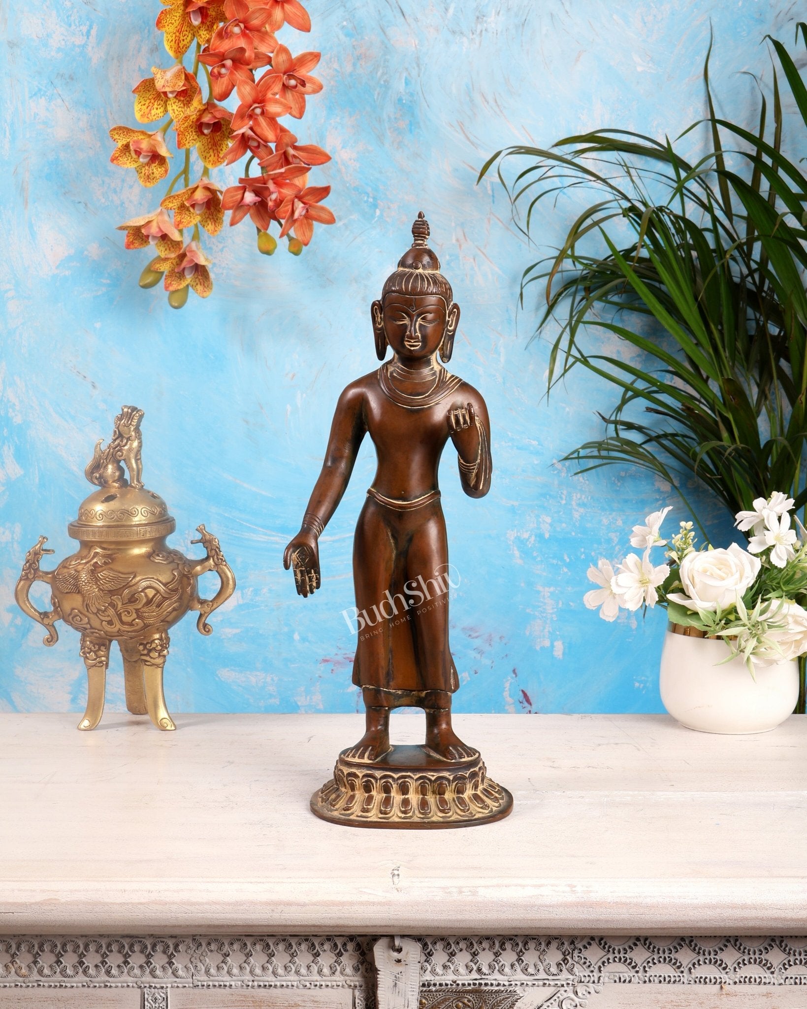 Brass Standing Buddha Statue – 14.5 inch rustic patina - Budhshiv.com