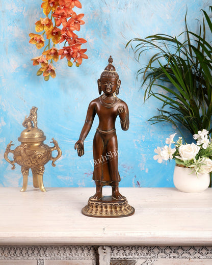 Brass Standing Buddha Statue – 14.5 inch rustic patina - Budhshiv.com