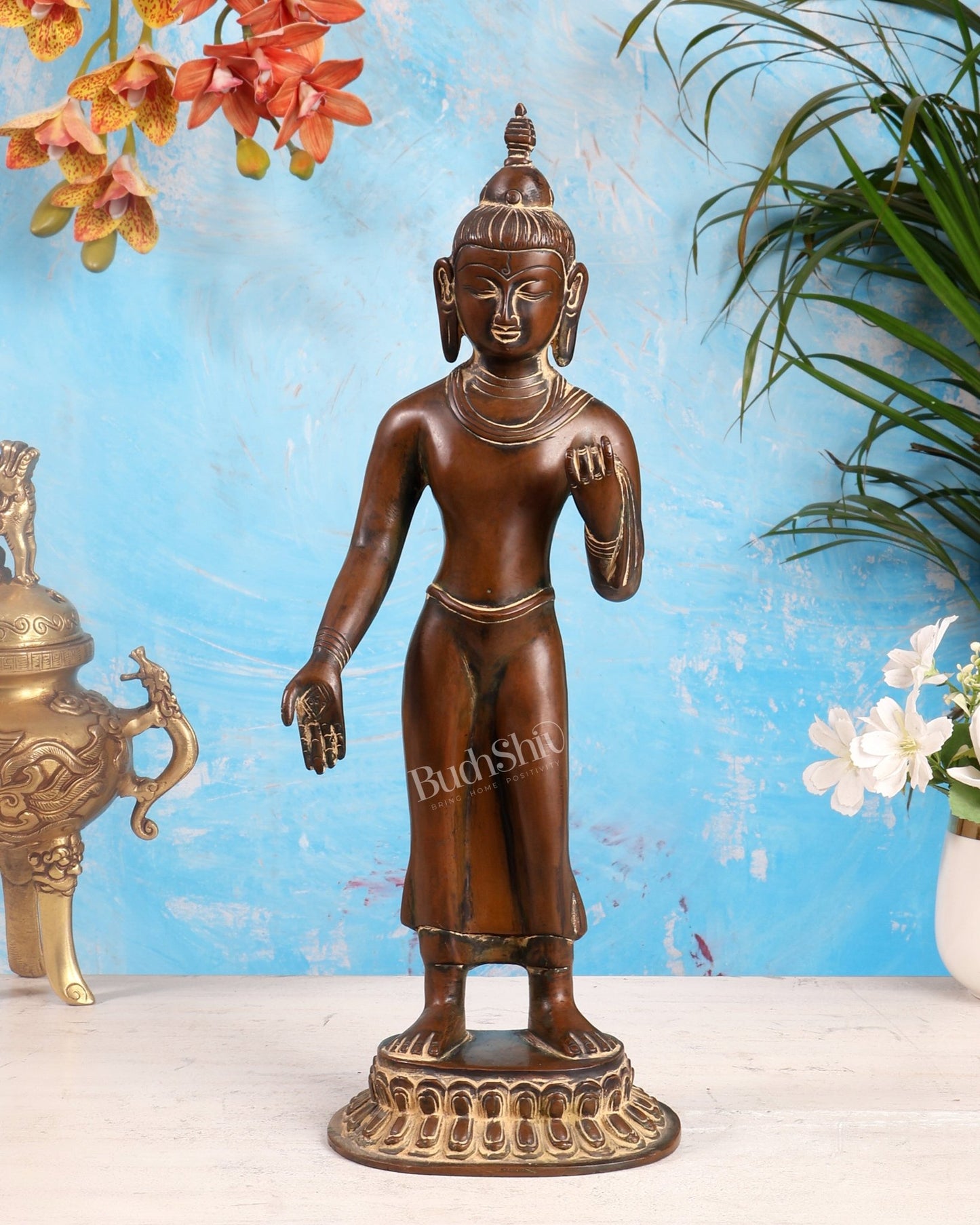Brass Standing Buddha Statue – 14.5 inch rustic patina - Budhshiv.com