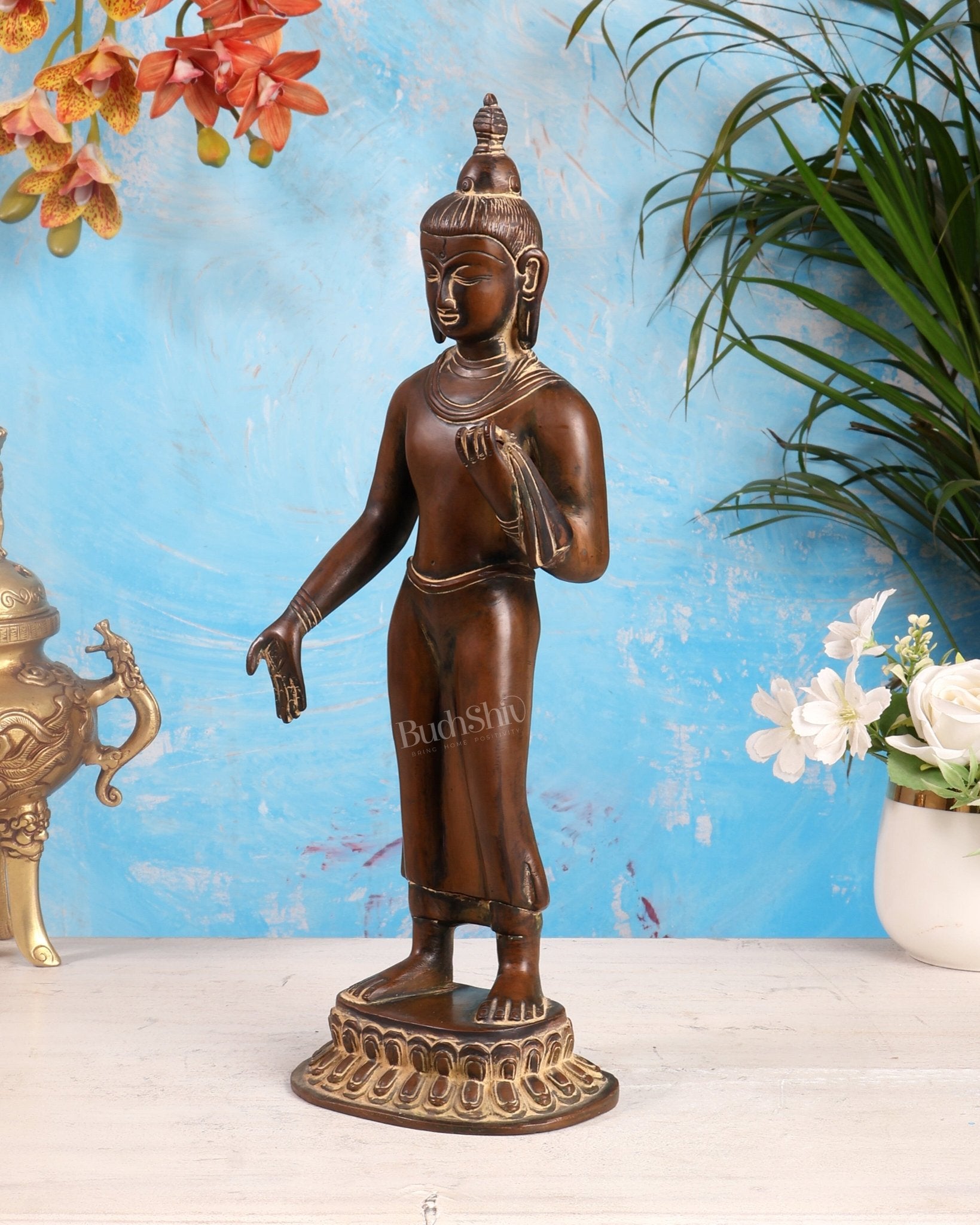 Brass Standing Buddha Statue – 14.5 inch rustic patina - Budhshiv.com