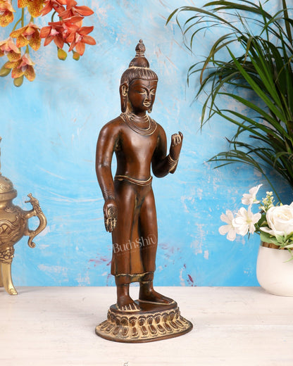 Brass Standing Buddha Statue – 14.5 inch rustic patina - Budhshiv.com