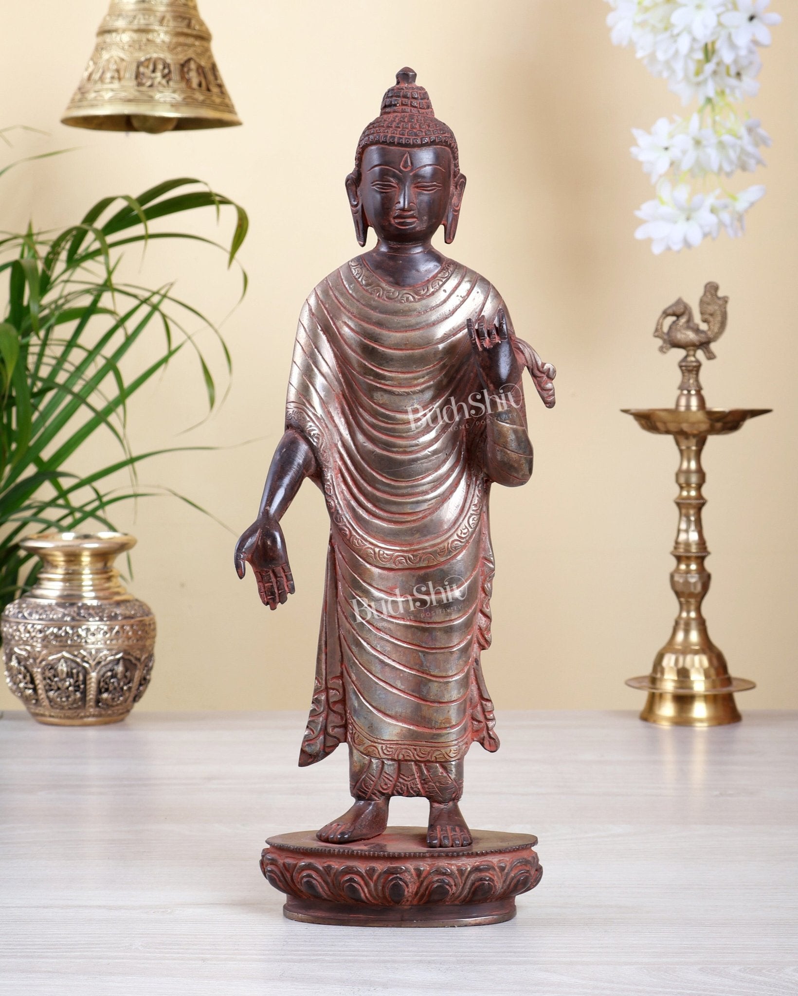 Brass Standing Buddha Statue – Rustic Red Sand Finish with Silver Tone Accents 15 inch - Budhshiv.com