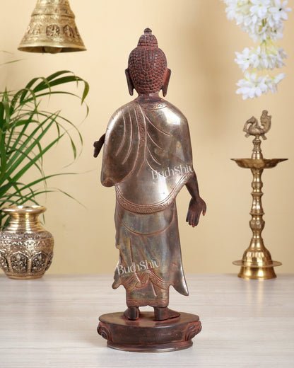 Brass Standing Buddha Statue – Rustic Red Sand Finish with Silver Tone Accents 15 inch - Budhshiv.com