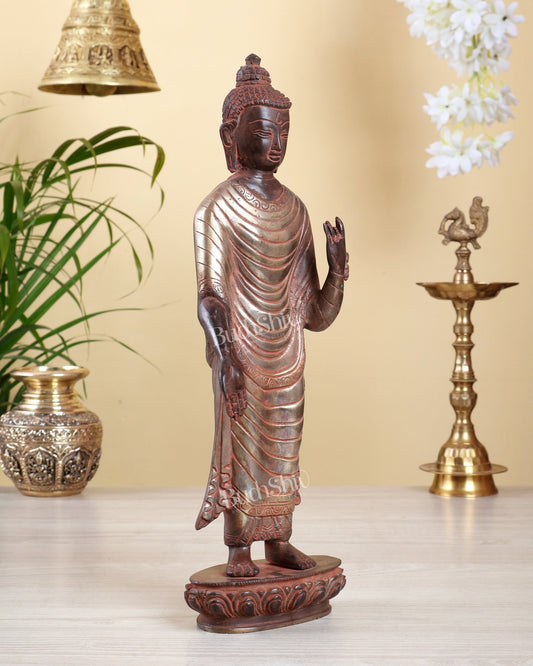 Brass Standing Buddha Statue – Rustic Red Sand Finish with Silver Tone Accents 15 inch - Budhshiv.com