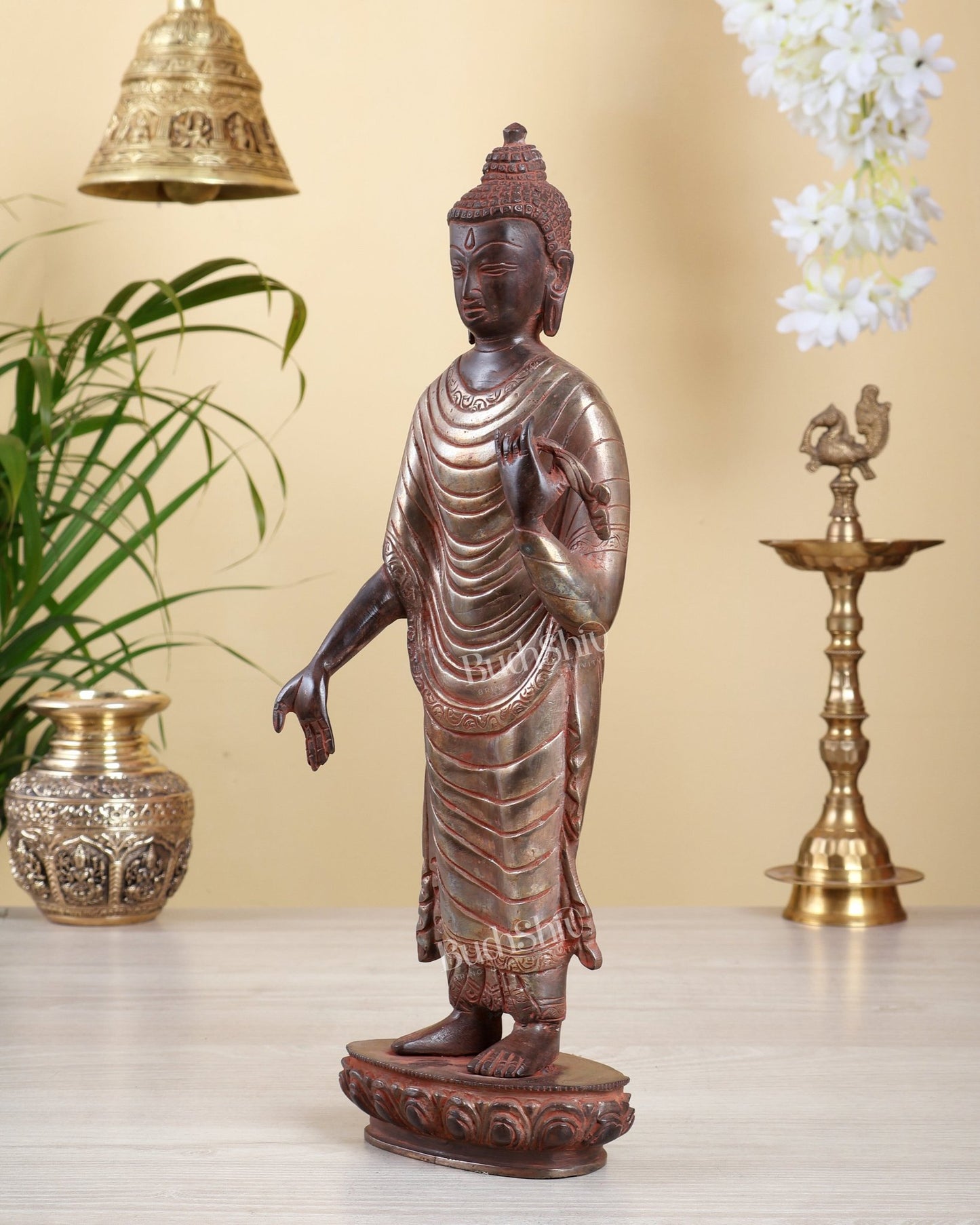 Brass Standing Buddha Statue – Rustic Red Sand Finish with Silver Tone Accents 15 inch - Budhshiv.com