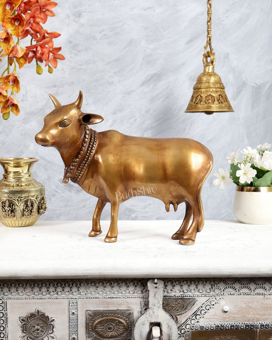 Brass Standing Cow Idol - Gomatha Statue antique matte finish | 13 inch - Budhshiv.com