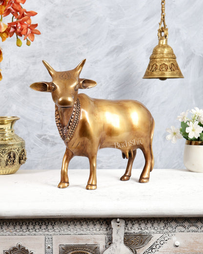 Brass Standing Cow Idol - Gomatha Statue antique matte finish | 13 inch - Budhshiv.com