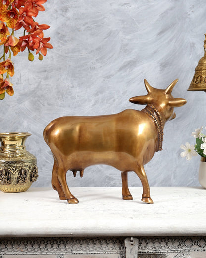 Brass Standing Cow Idol - Gomatha Statue antique matte finish | 13 inch - Budhshiv.com