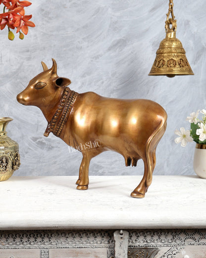 Brass Standing Cow Idol - Gomatha Statue antique matte finish | 13 inch - Budhshiv.com