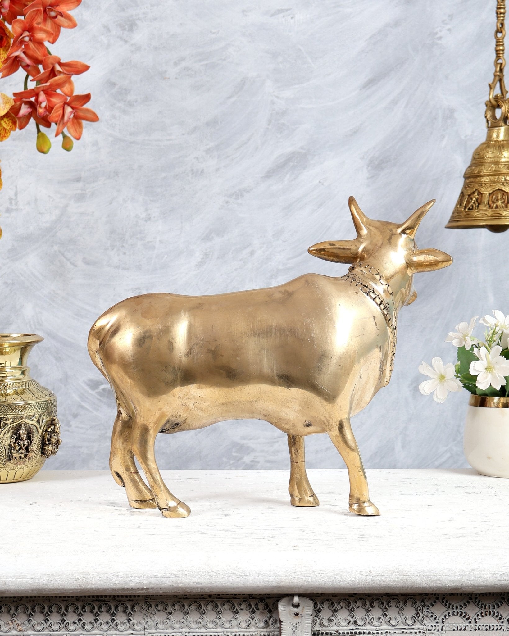 Brass Standing Cow Idol - Gomatha Statue glossy Finish | 13 inch - Budhshiv.com