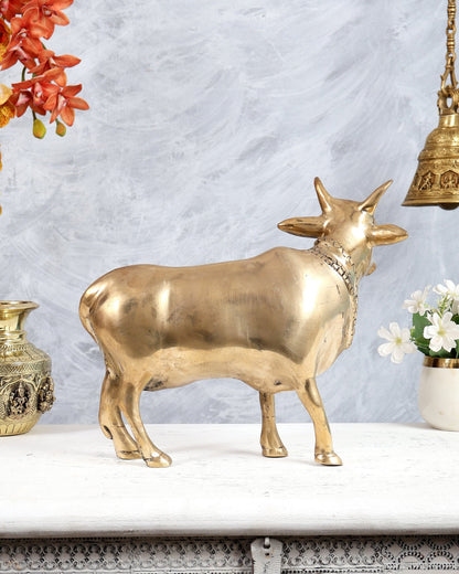 Brass Standing Cow Idol - Gomatha Statue glossy Finish | 13 inch - Budhshiv.com