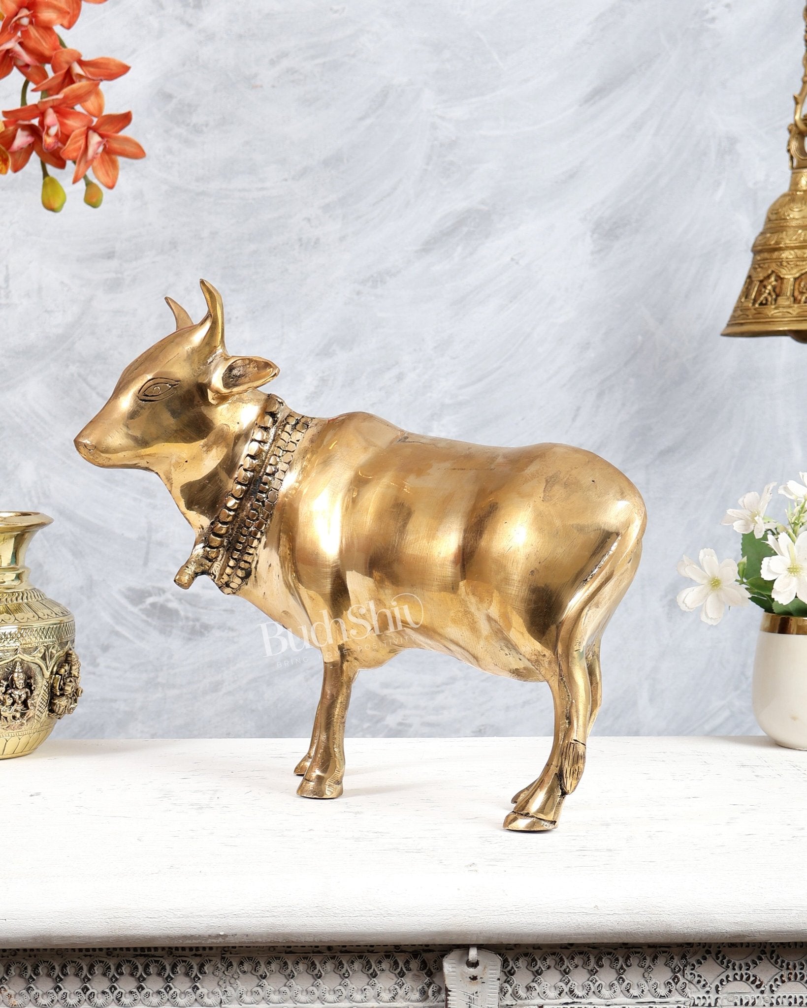Brass Standing Cow Idol - Gomatha Statue glossy Finish | 13 inch - Budhshiv.com