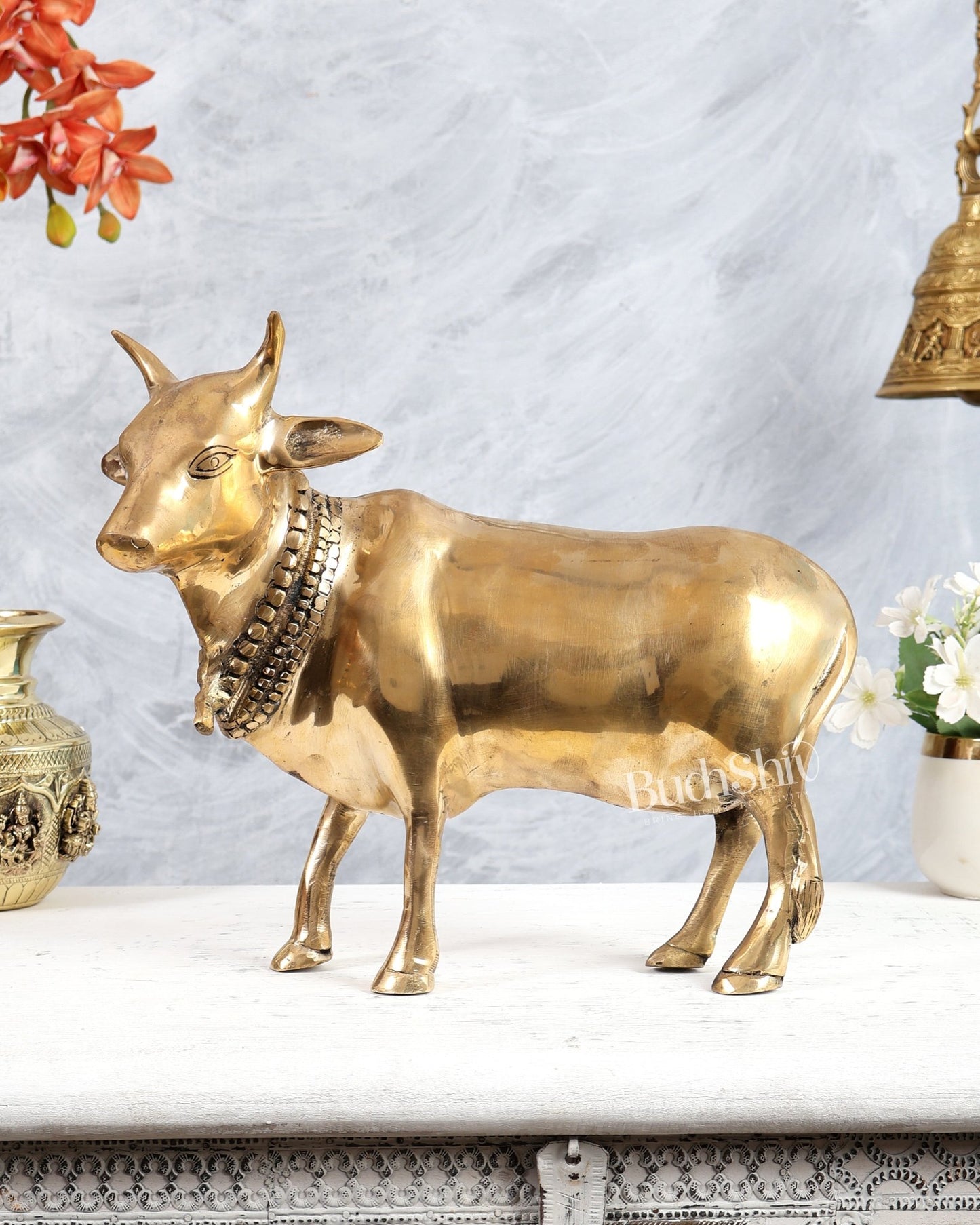 Brass Standing Cow Idol - Gomatha Statue glossy Finish | 13 inch - Budhshiv.com