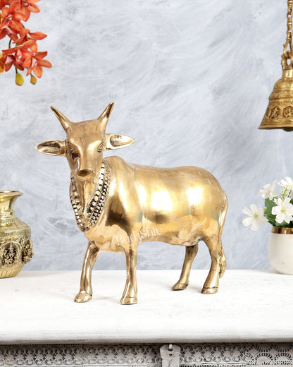 Brass Standing Cow Idol - Gomatha Statue glossy Finish | 13 inch - Budhshiv.com