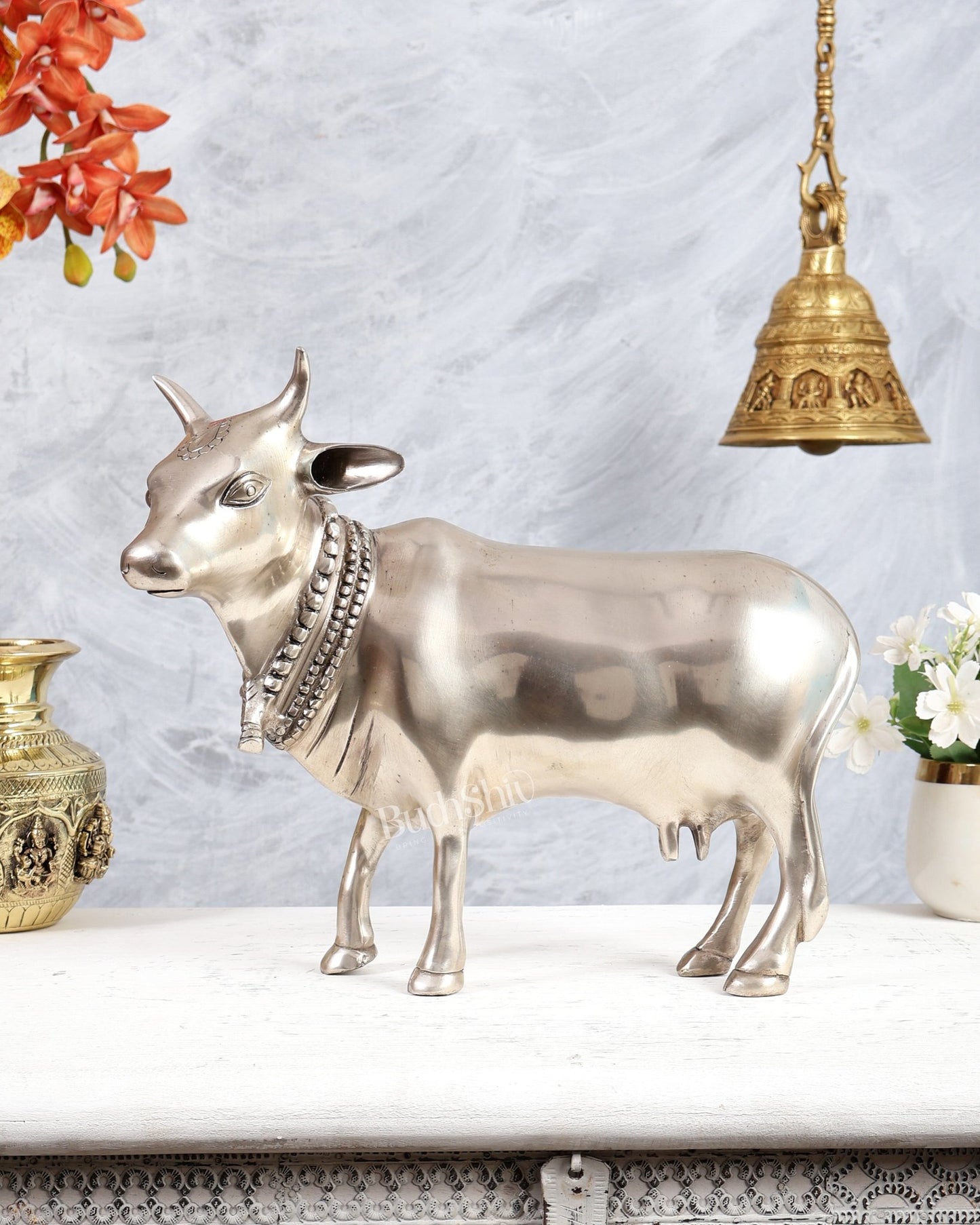 Brass Standing Cow Idol - Gomatha Statue silver plated | 13 inch - Budhshiv.com