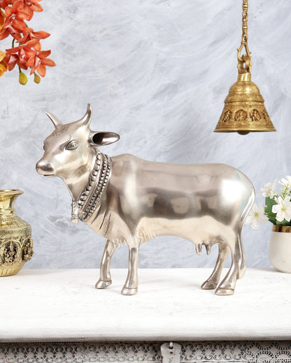 Brass Standing Cow Idol - Gomatha Statue silver plated | 13 inch - Budhshiv.com