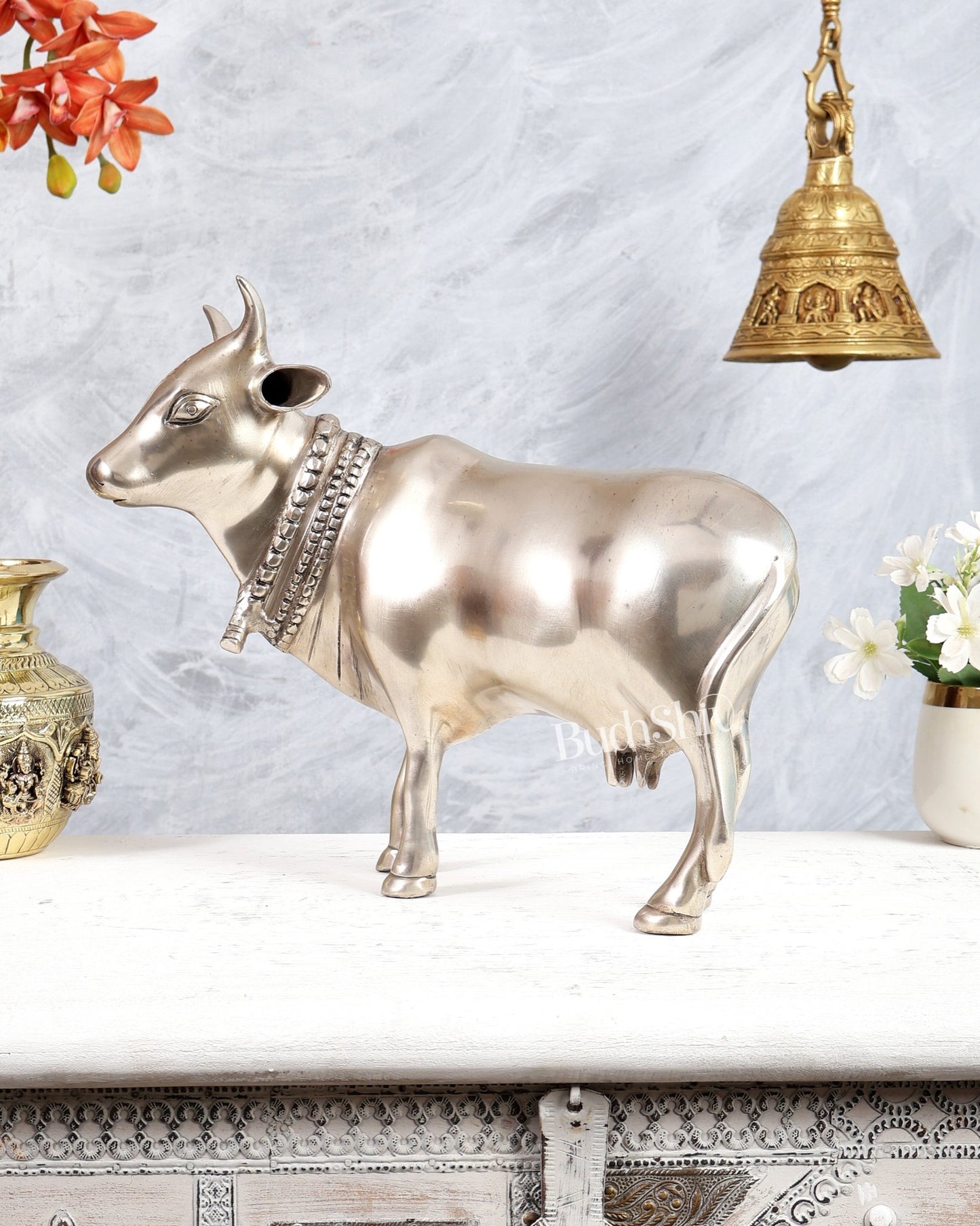 Brass Standing Cow Idol - Gomatha Statue silver plated | 13 inch - Budhshiv.com