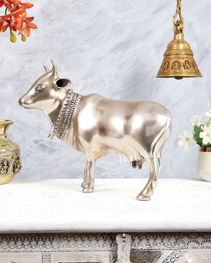 Brass Standing Cow Idol - Gomatha Statue silver plated | 13 inch - Budhshiv.com