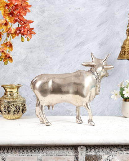 Brass Standing Cow Idol - Gomatha Statue silver plated | 13 inch - Budhshiv.com