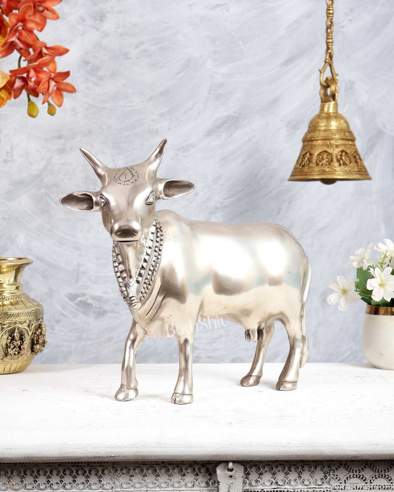 Brass Standing Cow Idol - Gomatha Statue silver plated | 13 inch - Budhshiv.com