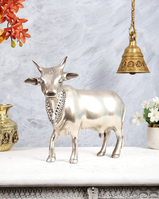 Brass Standing Cow Idol - Gomatha Statue silver plated | 13 inch - Budhshiv.com