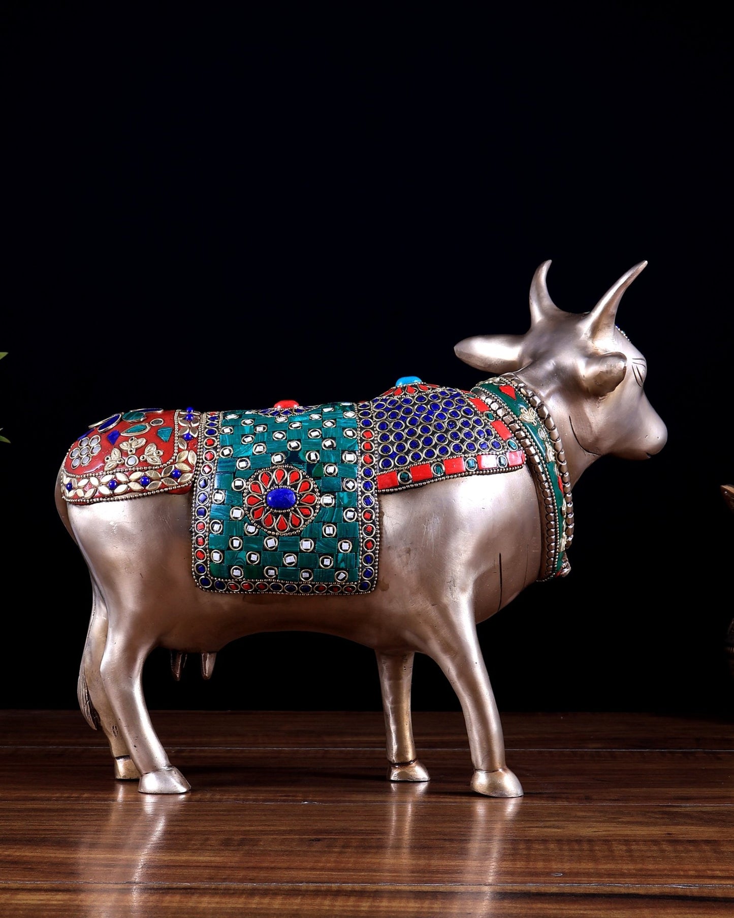 Brass Standing Cow statue - Gomatha Statue with stonework | 13 inch - Budhshiv.com