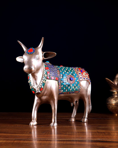 Brass Standing Cow statue - Gomatha Statue with stonework | 13 inch - Budhshiv.com