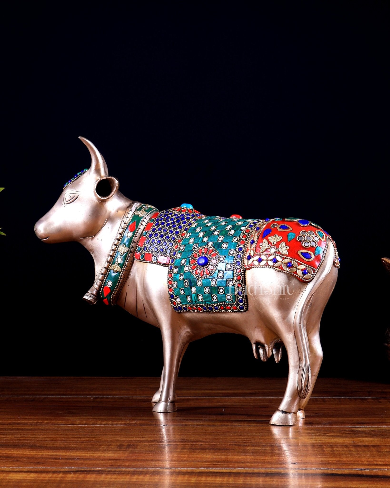 Brass Standing Cow statue - Gomatha Statue with stonework | 13 inch - Budhshiv.com