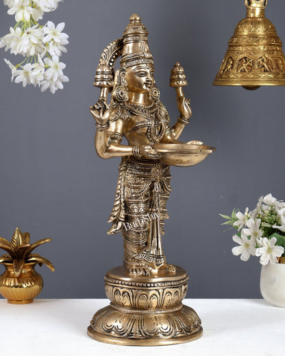 Brass Standing Deep Lakshmi Statue with Four Arms – Pavai Vilakku Lady Lamp Idol 18 Inch - Budhshiv.com