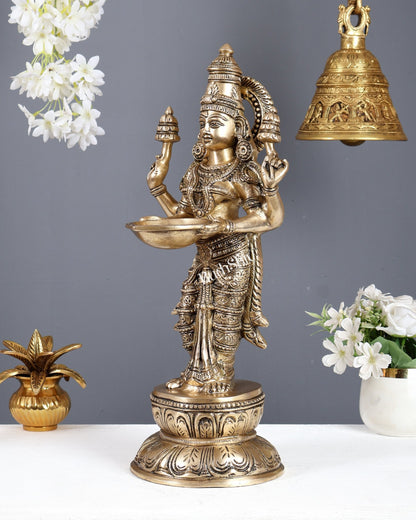 Brass Standing Deep Lakshmi Statue with Four Arms – Pavai Vilakku Lady Lamp Idol 18 Inch - Budhshiv.com