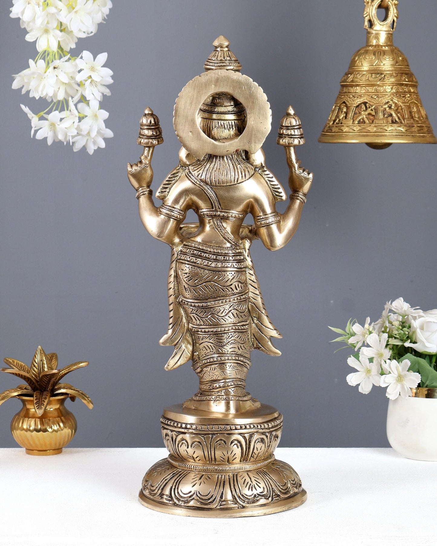 Brass Standing Deep Lakshmi Statue with Four Arms – Pavai Vilakku Lady Lamp Idol 18 Inch - Budhshiv.com