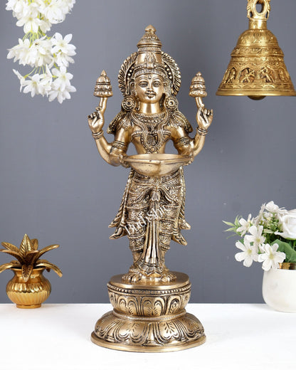 Brass Standing Deep Lakshmi Statue with Four Arms – Pavai Vilakku Lady Lamp Idol 18 Inch - Budhshiv.com