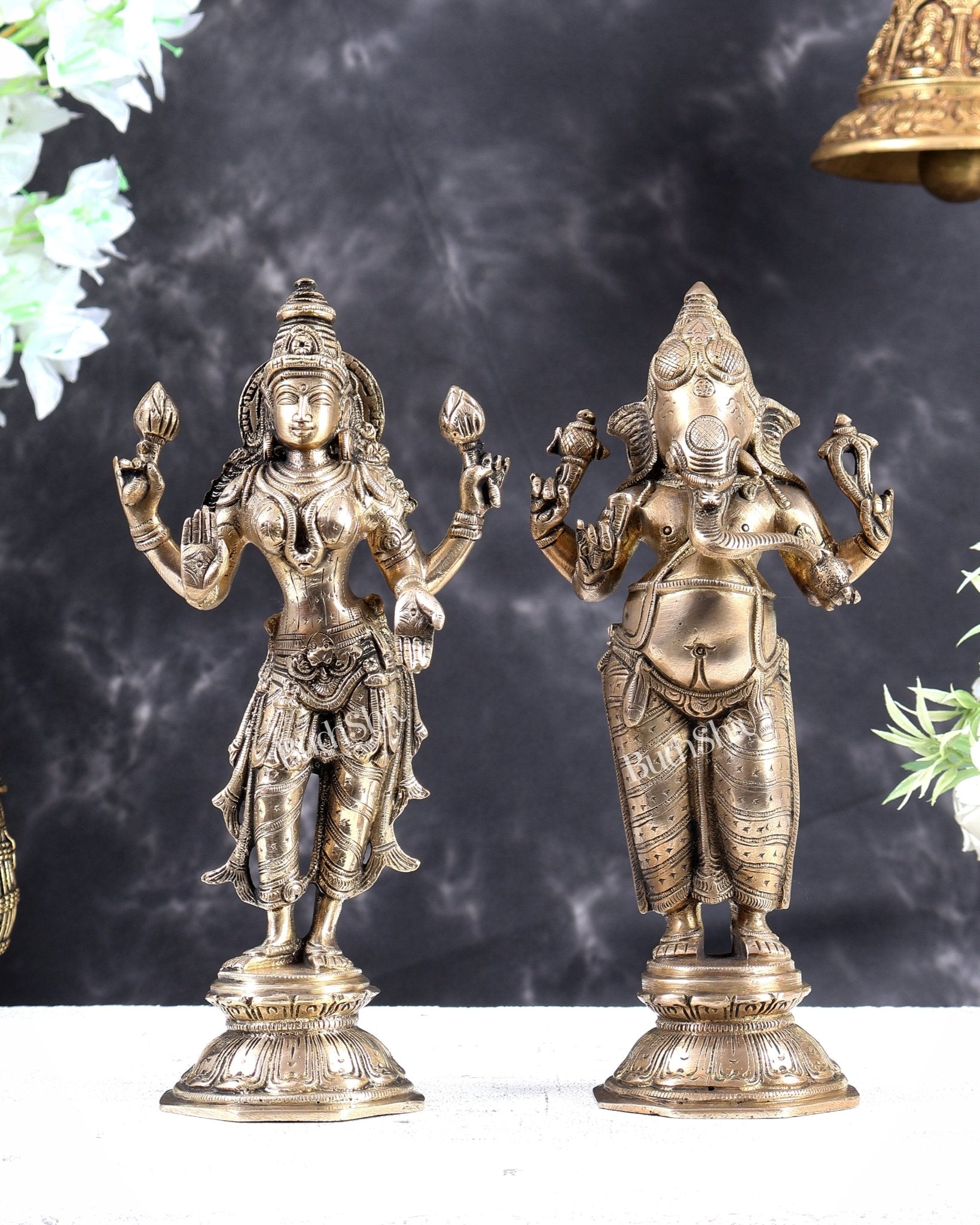Brass Standing Ganesh Lakshmi Idol Set 10 inch matte gold - Budhshiv.com