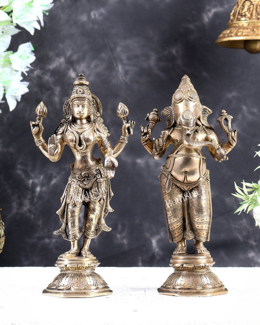 Brass Standing Ganesh Lakshmi Idol Set 10 inch matte gold - Budhshiv.com