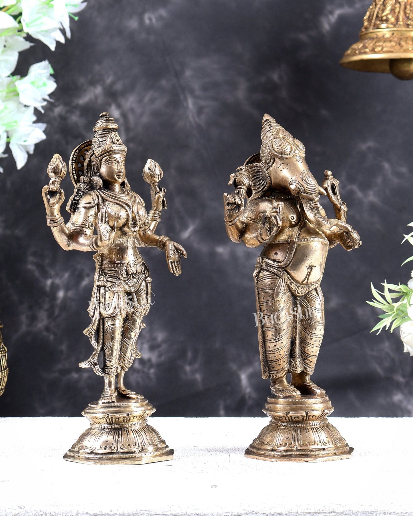 Brass Standing Ganesh Lakshmi Idol Set 10 inch matte gold - Budhshiv.com