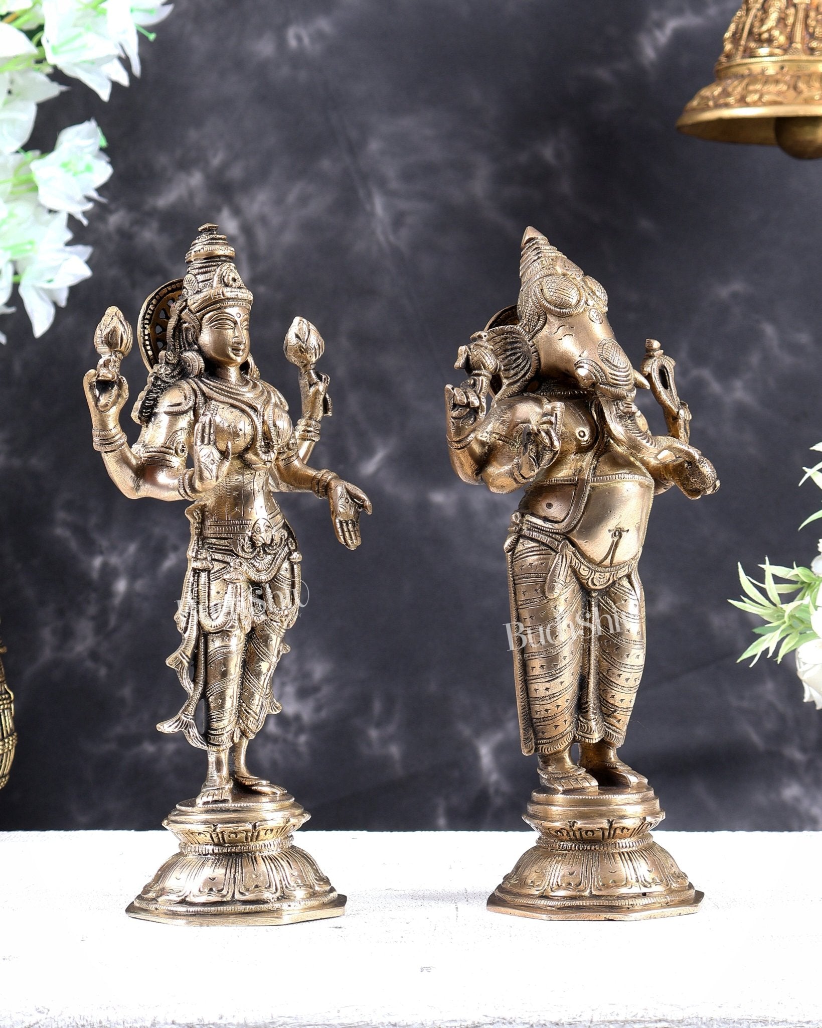 Brass Standing Ganesh Lakshmi Idol Set 10 inch matte gold - Budhshiv.com