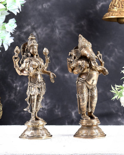 Brass Standing Ganesh Lakshmi Idol Set 10 inch matte gold - Budhshiv.com