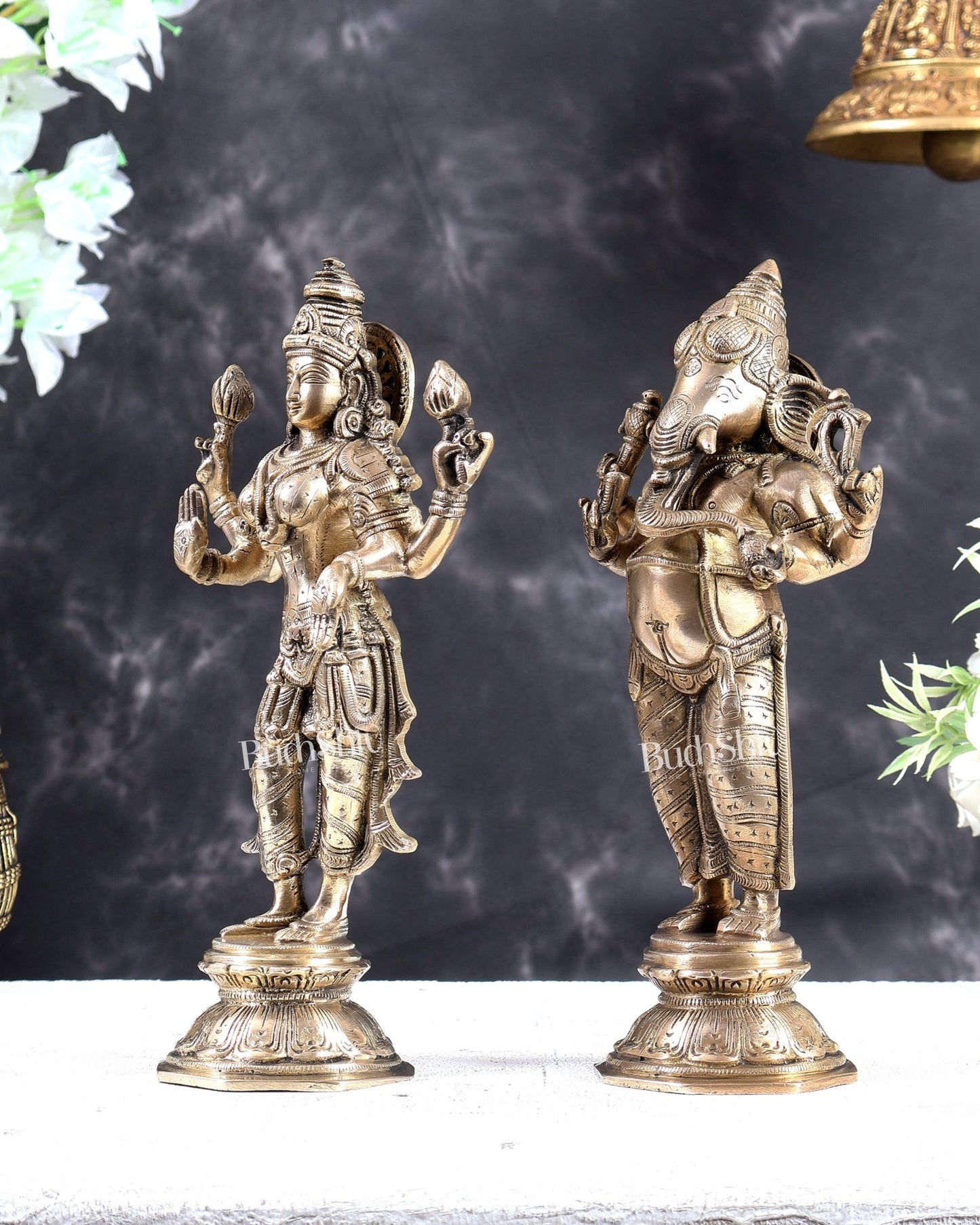 Brass Standing Ganesh Lakshmi Idol Set 10 inch matte gold - Budhshiv.com