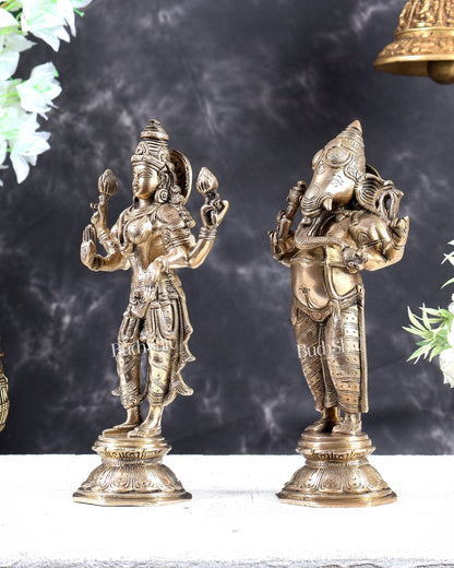 Brass Standing Ganesh Lakshmi Idol Set 10 inch matte gold - Budhshiv.com