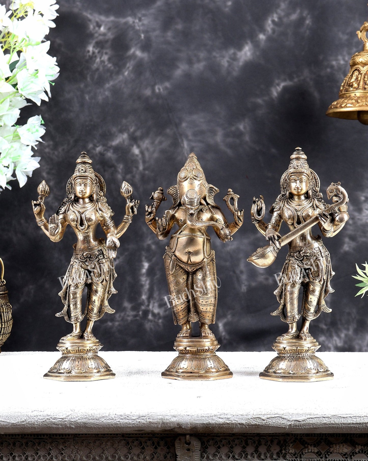 Brass Standing Ganesh Lakshmi Saraswati Idol Set 10" Matte gold - Budhshiv.com
