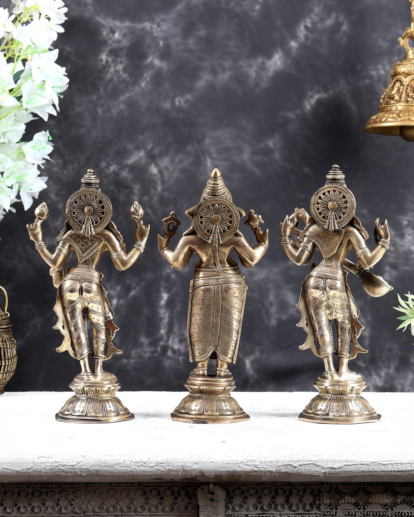 Brass Standing Ganesh Lakshmi Saraswati Idol Set 10" Matte gold - Budhshiv.com