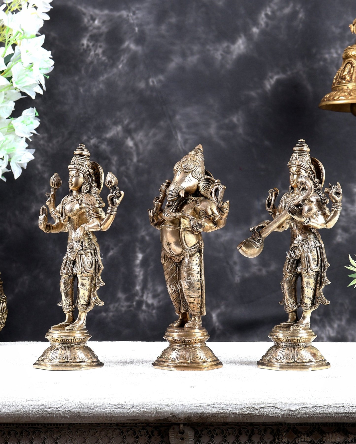 Brass Standing Ganesh Lakshmi Saraswati Idol Set 10" Matte gold - Budhshiv.com